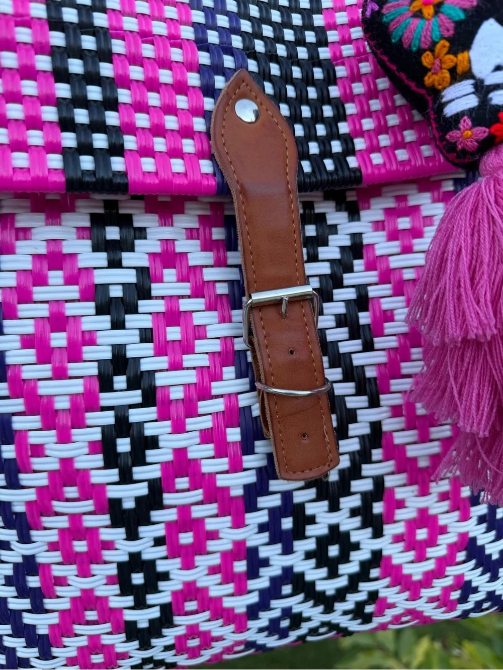 Woven Geometric Backpack Tote with Tassel Charm